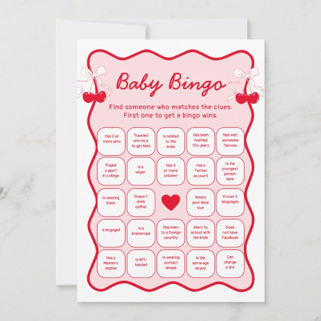 Cherry Baby Shower Find the Guest Bingo Game Card (Front)