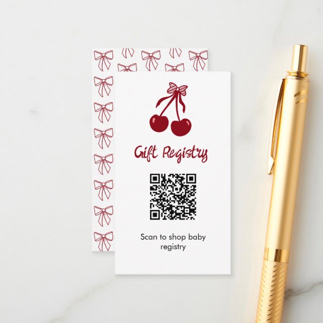 Cherry Baby Shower Gift Registry QR Code Sweet Bow Enclosure Card (Front/Back In Situ)