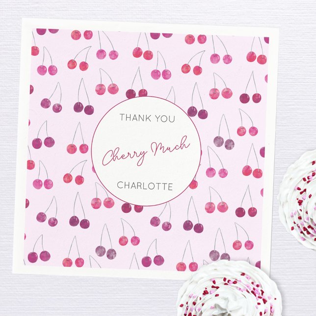 Cherry Baby Shower Pink Napkin (Pretty watercolor cherry custom text party paper napkins)