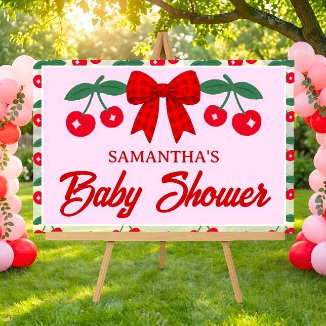 Cherry Baby Shower Red Gingham Bow Acrylic Sign (Creator Uploaded)