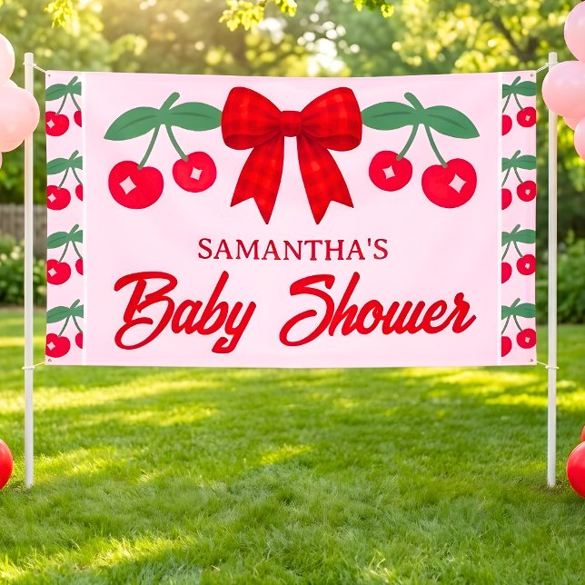 Cherry Baby Shower Red Gingham Bow  Banner (Creator Uploaded)