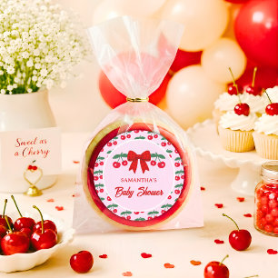 Cherry Baby Shower Red Gingham Bow Classic Round Sticker
