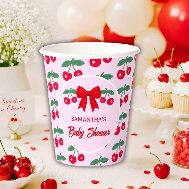 Cherry Baby Shower Red Gingham Bow Paper Cups (Creator Uploaded)