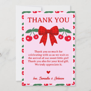 Cherry Baby Shower Red Gingham Bow Thank You Card