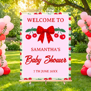 Cherry Baby Shower Red Gingham Bow Welcome Acrylic Sign