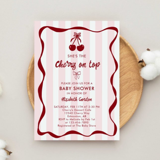 Cherry Baby Shower Sweet Pink Stripes Cute Bow Invitation (Creator Uploaded)