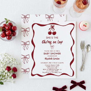 Cherry Baby Shower Sweet Pink Stripes Cute Bow Invitation