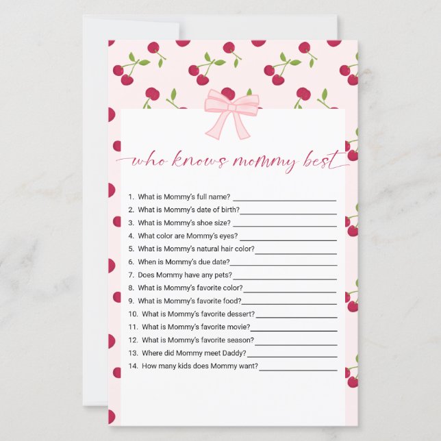 Cherry Baby Shower Who Knows Mommy Best Game (Front)