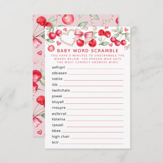 Cherry Baby Shower Word Scramble Game Enclosure Card (Front/Back)