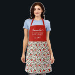 Cherry Berries Pattern Pretty Modern Red Name Apron<br><div class="desc">One of my daughters is currently obsessed with everything cherry, so of course I had to design an apron that was cherry themed! :) This beautiful apron features a pattern of cherries and leaves in bold red and green. Three text templates are included for personalisation, making this apron a truly...</div>