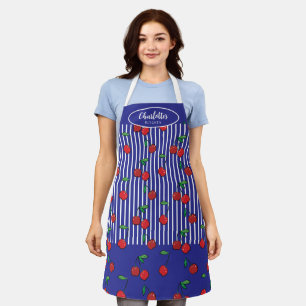 Cherry Berries Red Pattern Modern Nautical Blue Apron