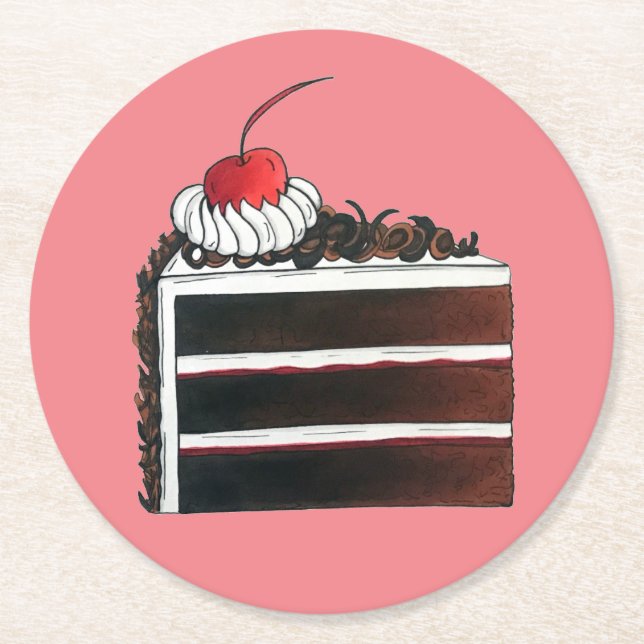 Cherry Black Forest Cake Shop Slice Bakery Baker Round Paper Coaster (Front)