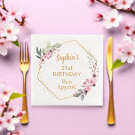Cherry Blossom 21st Birthday Dinner Party Napkins<br><div class="desc">Elevate your milestone birthday celebration with our Elegant Cherry Blossom 21st Birthday Dinner Napkins. These large paper napkins are adorned with a beautiful sakura flower wreath, delicately held together with trendy thin gold lines, combining floral elegance and modern geometric charm seamlessly. The customisable template allows you to add a personal...</div>