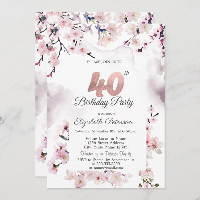 Cherry Blossom 40th Birthday  Invitation (Front/Back)