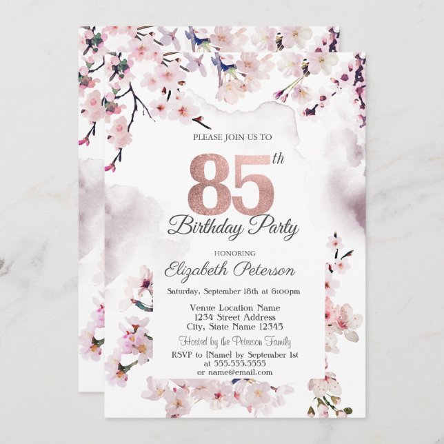 Cherry Blossom 85th Birthday  Invitation (Front/Back)