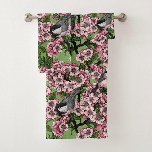 Cherry blossom and chickadees on green bath towel set (Insitu)