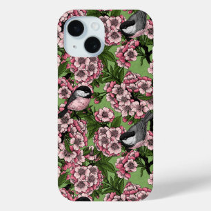 Cherry blossom and chickadees on green iPhone 15 case