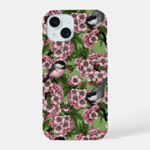 Cherry blossom and chickadees on green iPhone 15 case