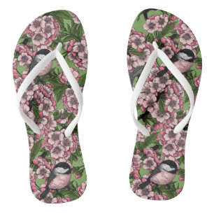 Cherry blossom and chickadees on green jandals