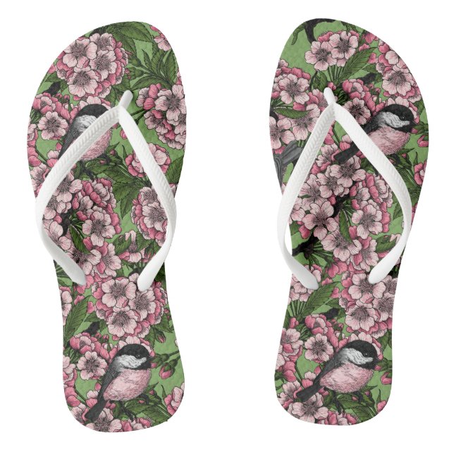 Cherry blossom and chickadees on green jandals (Footbed)