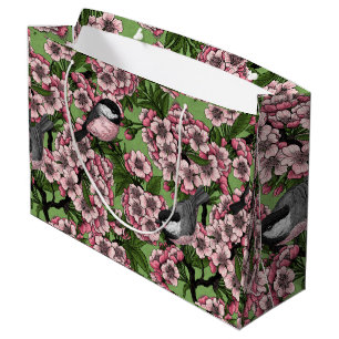 Cherry blossom and chickadees on green large gift bag