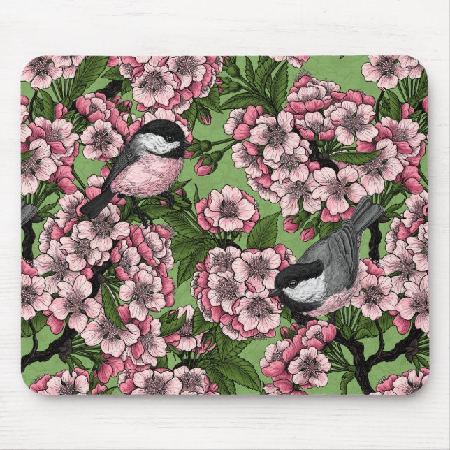 Cherry blossom and chickadees on green mouse pad (Front)