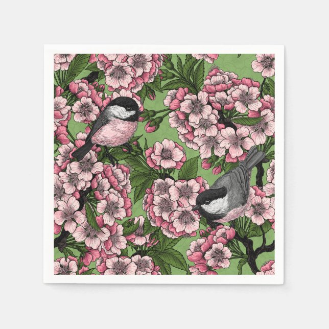 Cherry blossom and chickadees on green napkin (Front)