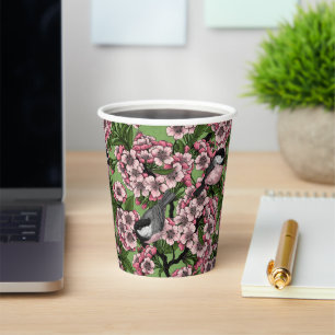 Cherry blossom and chickadees on green paper cups
