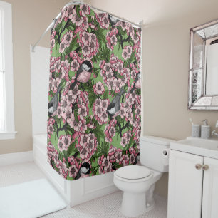 Cherry blossom and chickadees on green shower curtain