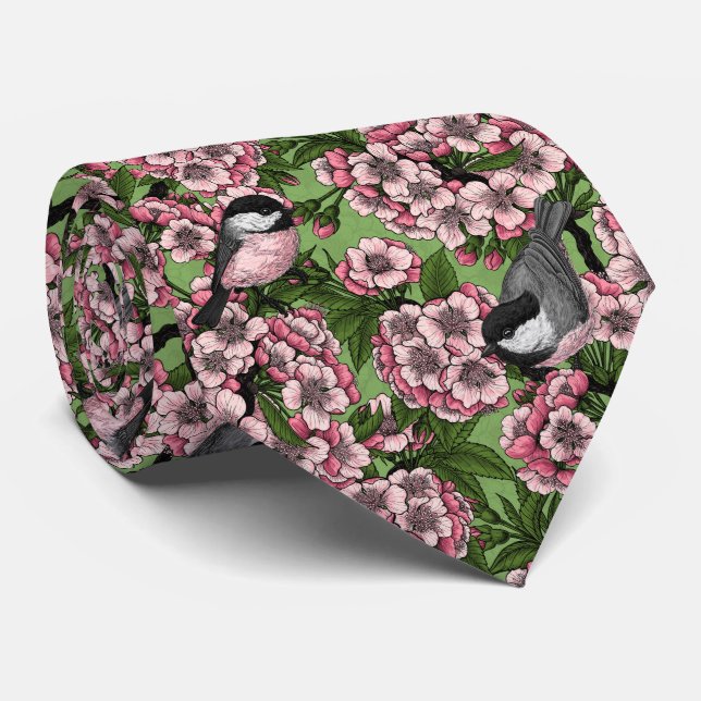 Cherry blossom and chickadees on green tie (Rolled)