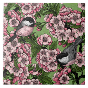 Cherry blossom and chickadees on green tile