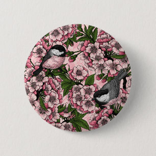 Cherry blossom and chickadees on pink 6 cm round badge