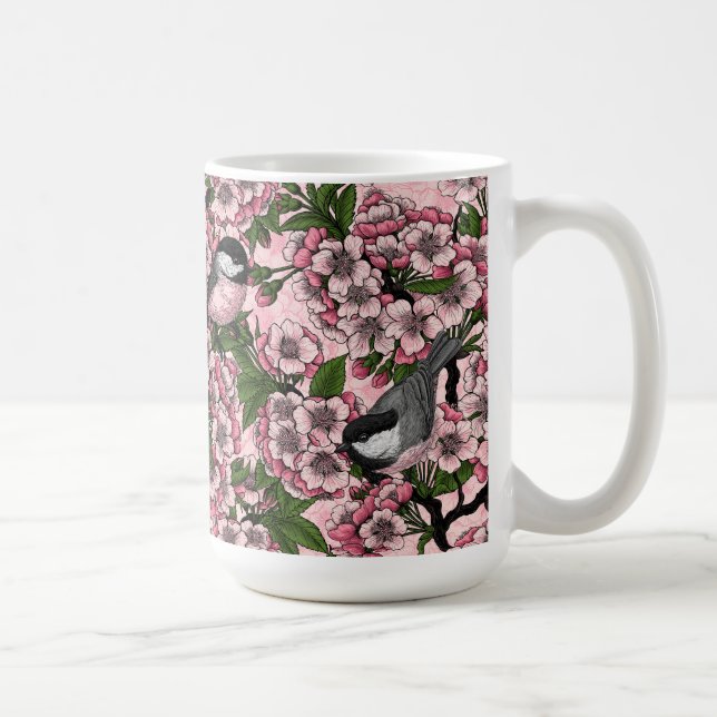 Cherry blossom and chickadees on pink coffee mug (Right)