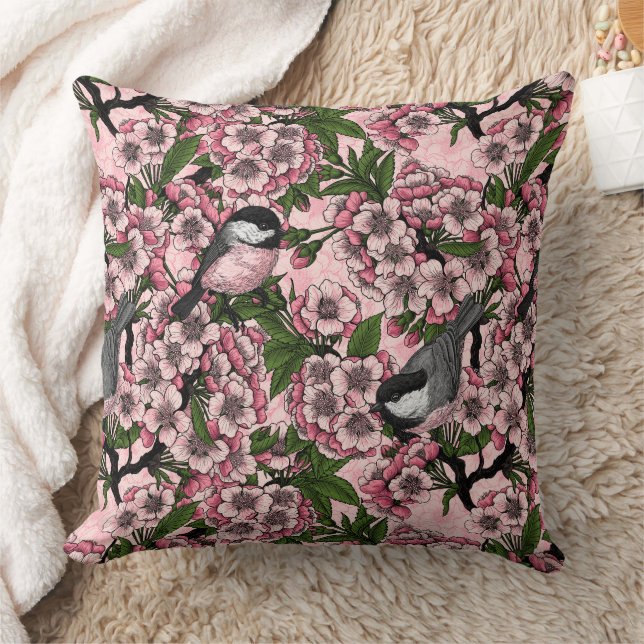 Cherry blossom and chickadees on pink cushion (Blanket)