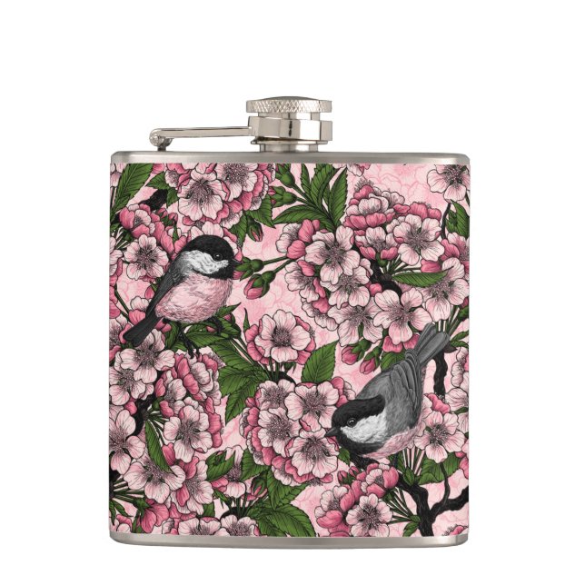Cherry blossom and chickadees on pink hip flask (Front)