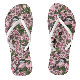 Cherry blossom and chickadees on pink jandals
