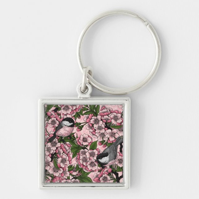 Cherry blossom and chickadees on pink key ring (Front)