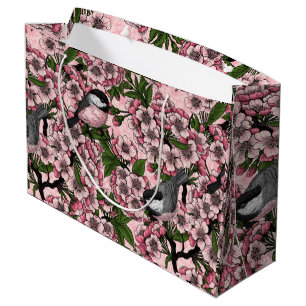 Cherry blossom and chickadees on pink large gift bag