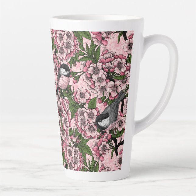 Cherry blossom and chickadees on pink latte mug (Right)