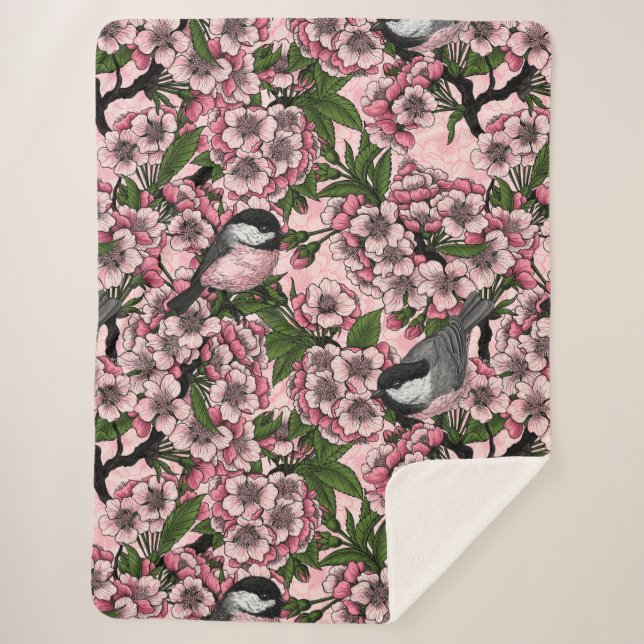 Cherry blossom and chickadees on pink sherpa blanket (Front)