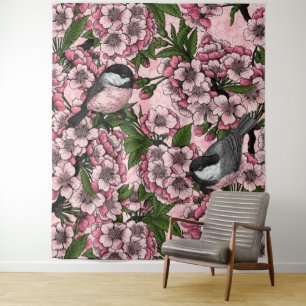 Cherry blossom and chickadees on pink tapestry
