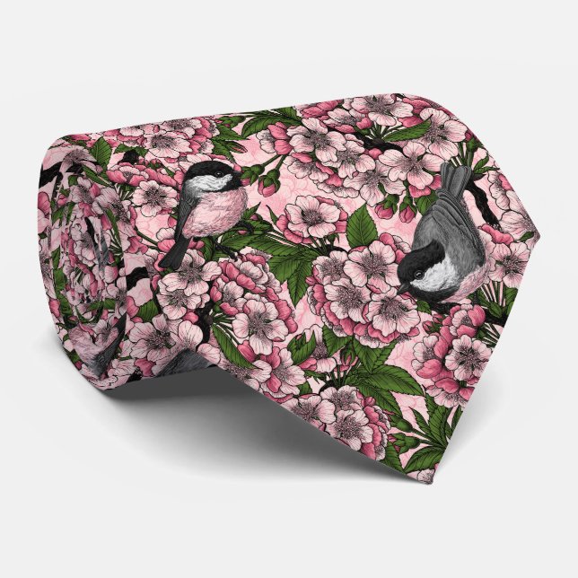 Cherry blossom and chickadees on pink tie (Rolled)