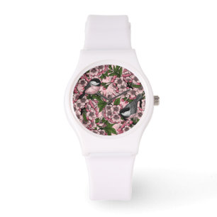 Cherry blossom and chickadees on pink watch