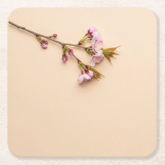 Cherry Blossom and Daisy Background Square Paper Coaster