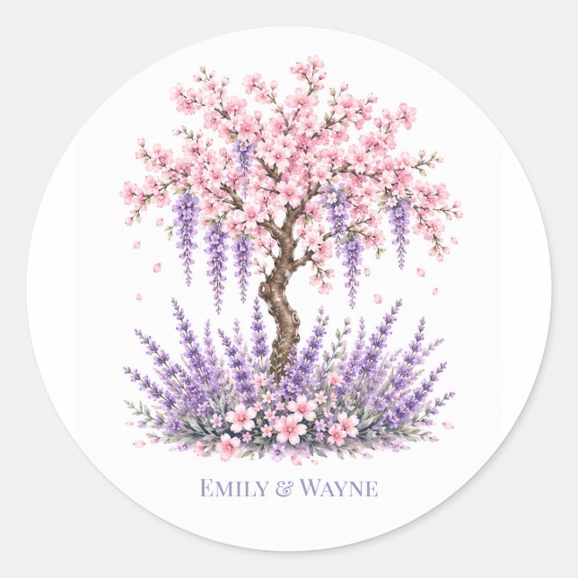 Cherry Blossom and Lavender Tree Wedding Classic Round Sticker (Front)