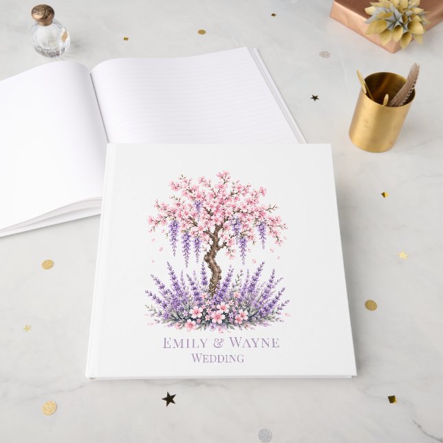 Cherry Blossom and Lavender Tree Wedding Guest Book (Front Open)