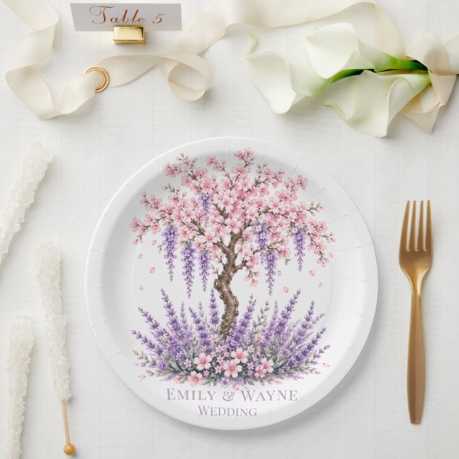 Cherry Blossom and Lavender Tree Wedding Paper Plate (Wedding)