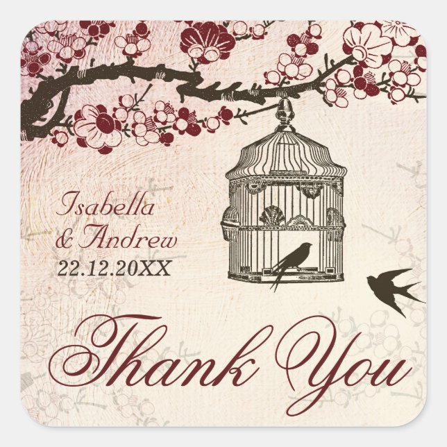 Cherry Blossom and Love Birds Square Sticker (Front)