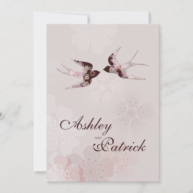 Cherry Blossom and Love Swallows Wedding Invitation (Front)