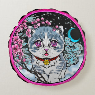 cherry blossom anime snow kitty round cushion